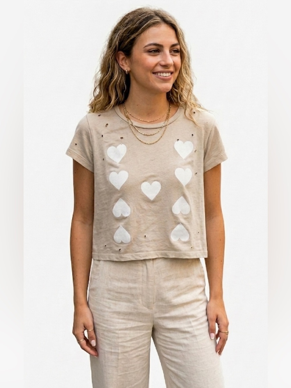 Wildfox Y2K Cotton Hearts Graphic Distressed Short Sleeve Crop Soft Stretch Top
